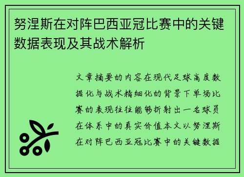 努涅斯在对阵巴西亚冠比赛中的关键数据表现及其战术解析 努涅斯在对阵巴西亚冠比赛中的关键数据表现及其战术解析
